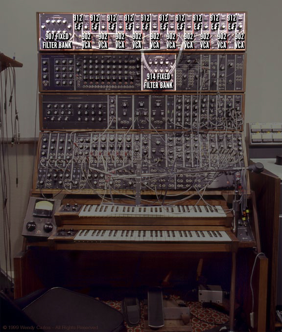The 907 fixed filter bank, top-left, has an output for each of the ten bands. These are then fed into ten pairs of envelope followers (to track each band's volume) and VCAs (to make a signal louder or quieter to match that band).