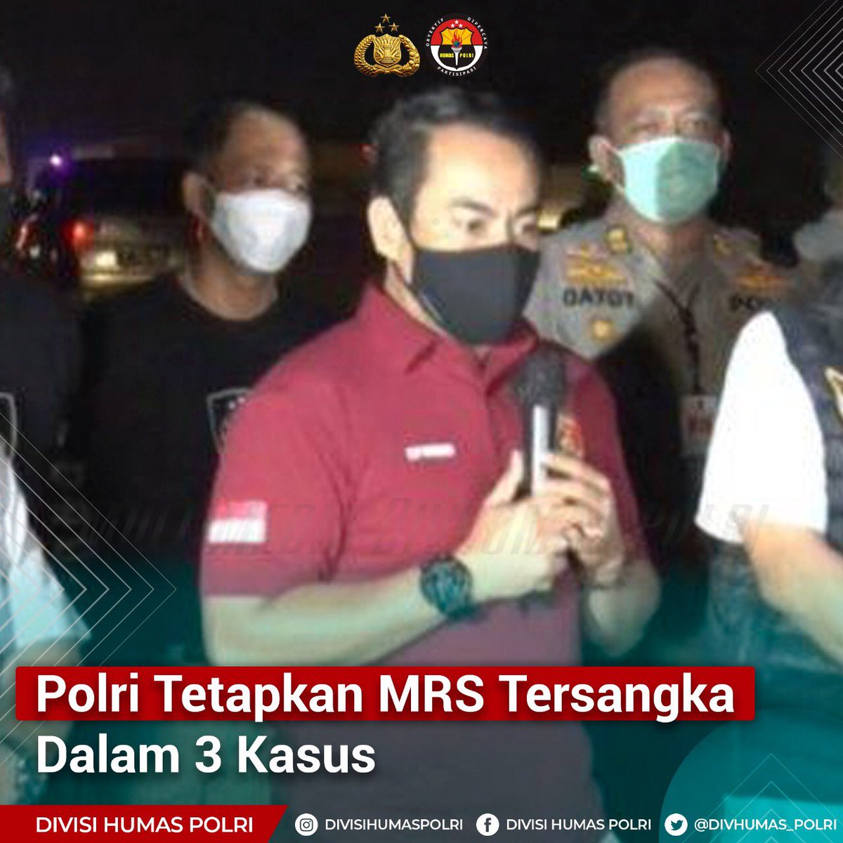 DivHumas_Polri's tweet photo. Bareskrim Polri menetapkan MRS sebagai tersangka dalam kasus kerumunan yang melanggar protokol kesehatan di Megamendung, Bogor, Jawa Barat dan kasus penghasutan terkait kerumunan di wilayah Petamburan, Jakarta Barat.

#UngkapKasus https://t.co/vLDDRjbzVD