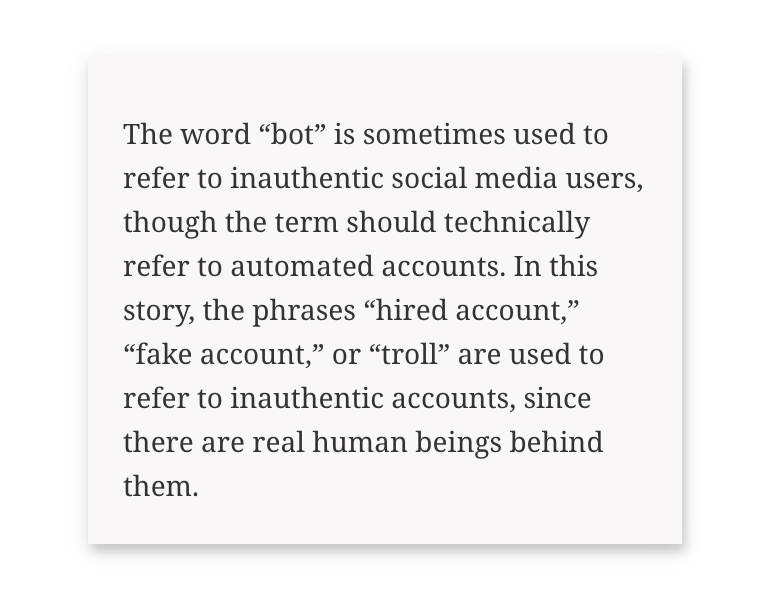 NOTE: Some of the 'easy' checks for Twitter automation flag accounts that may be human operated. Yes, there are clear signs of coordination in this network, but the accounts may be human operated. Here's more on that (screenshot is from the article)  https://www.occrp.org/en/investigations/inside-a-ukrainian-troll-farm