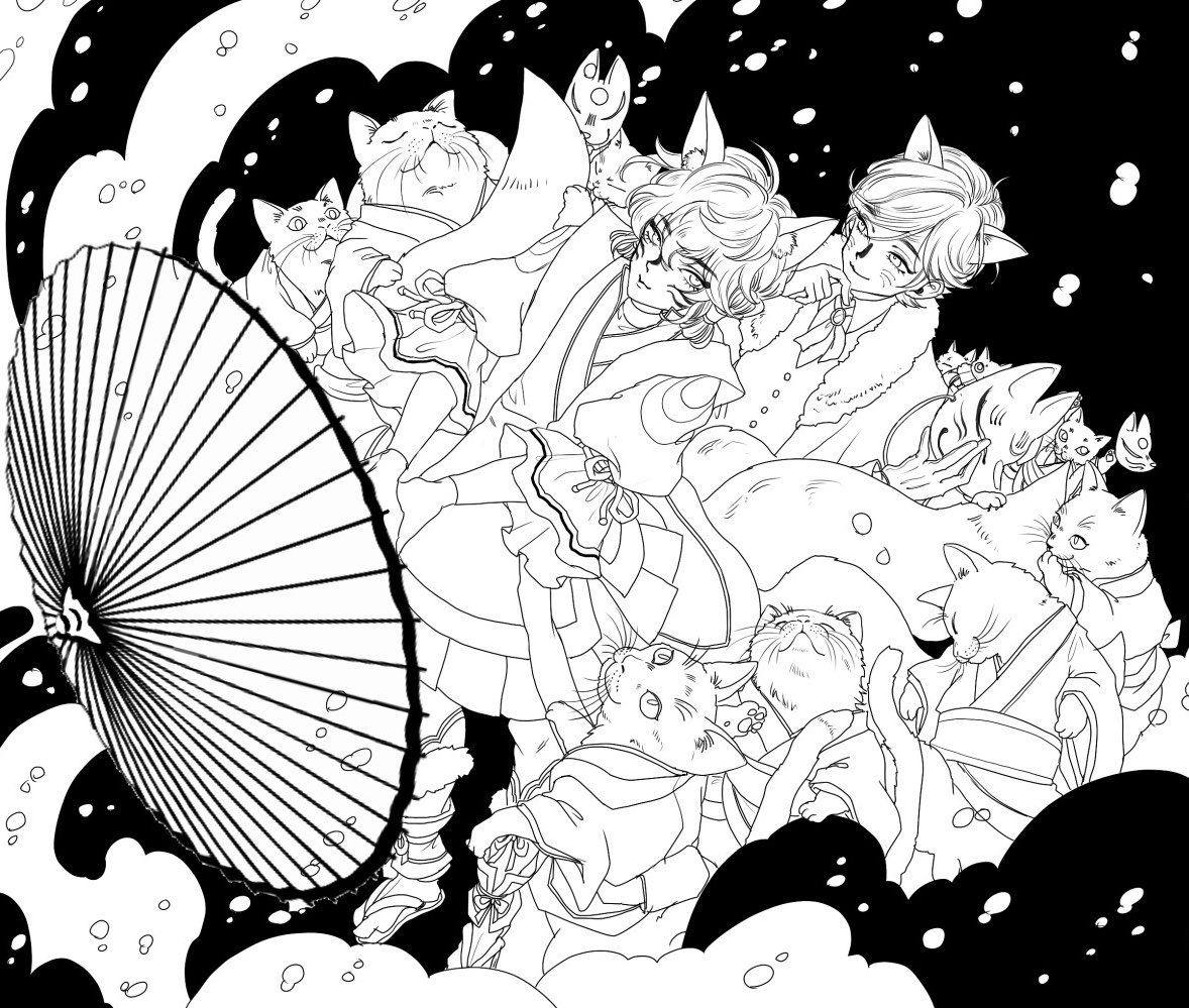 初午にむけて、猫寺と太皷谷のお稲成さんを描く。 