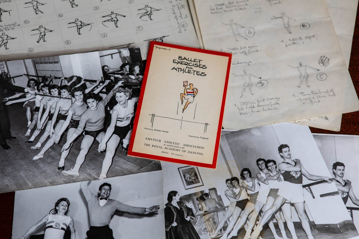 Ballet Exercises for Athletes - A unique pamphlet w/ original artwork by Punch illustrator Fougasse, famed for his ‘Careless talk Costs Lives’ WW2 posters. In 1954, the RAD was approached by a training club for British high jumpers seeking ways to increase their elevation. (2/5)