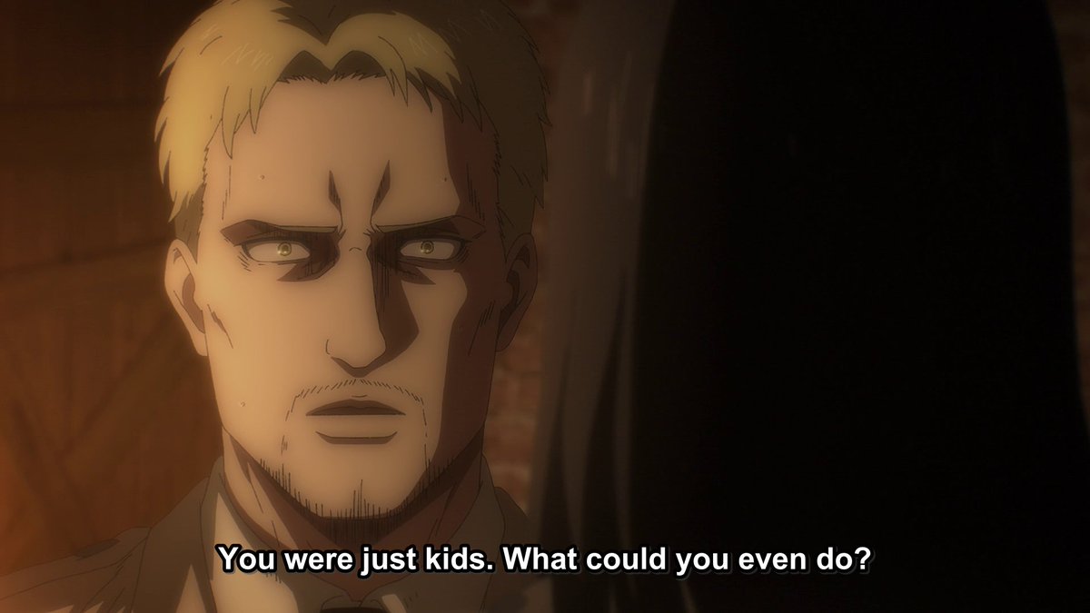 Eren and Reiner's dialogue which is full of empathy and sympathy, is beautifully contrasting by Willy's speech that feeds into the hate & propaganda that the world has been brainwashed by for many years.