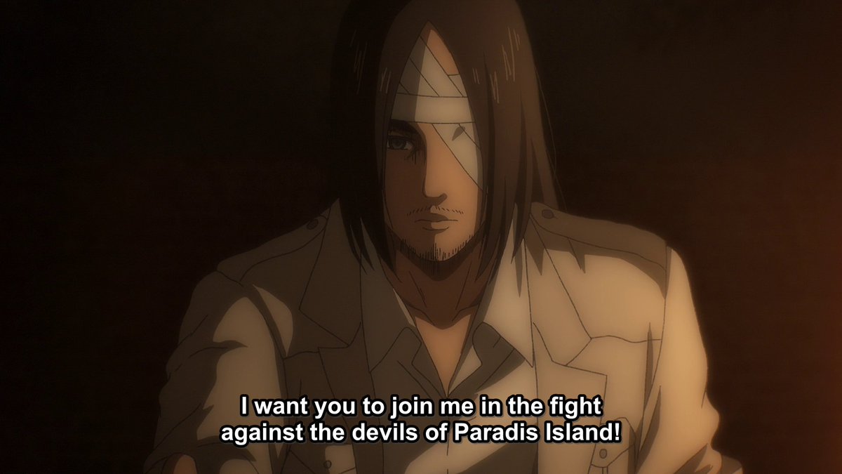 Eren and Reiner's dialogue which is full of empathy and sympathy, is beautifully contrasting by Willy's speech that feeds into the hate & propaganda that the world has been brainwashed by for many years.