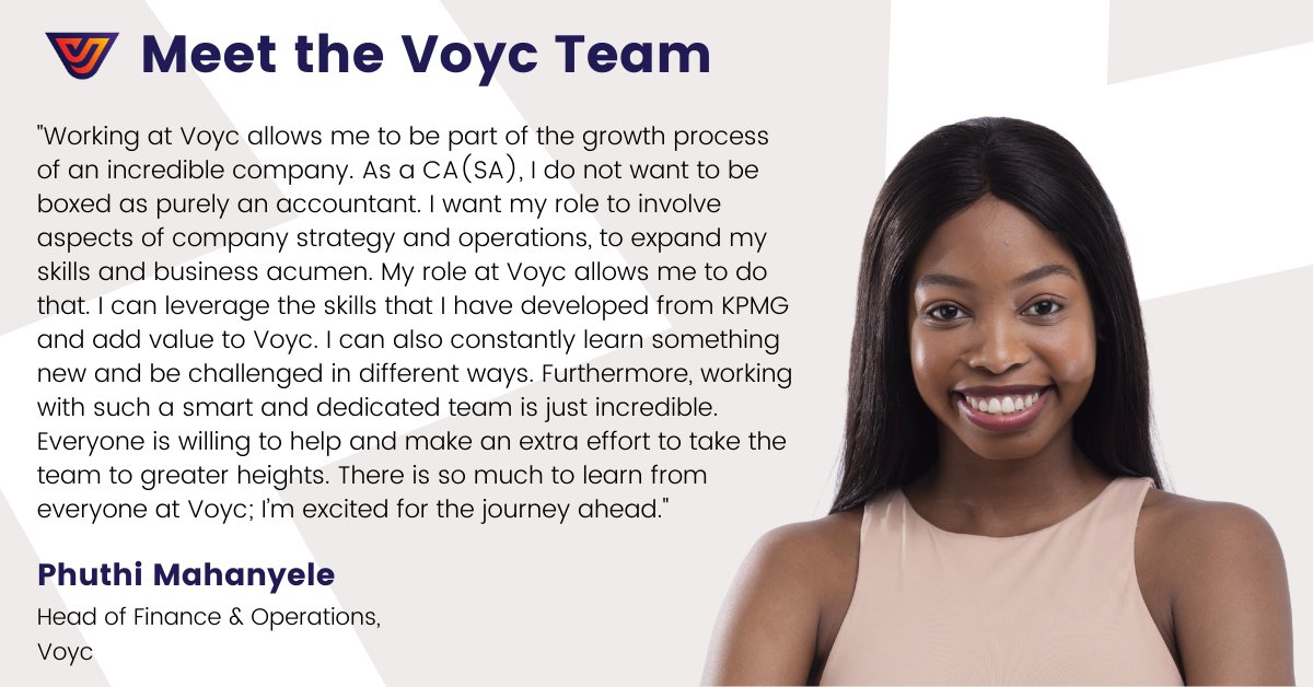 Voyc (@voyc_ai) on Twitter photo Phuthi, Head of Finance & Operations.
Q: What do you like about working at Voyc?
.
.
.
#MeetTeamVoyc #Growth #business #insurance #strategy #startups Phuthi, Head of Finance & Operations.
Q: What do you like about working at Voyc?
.
.
.
#MeetTeamVoyc #Growth #business #insurance #strategy #startups
