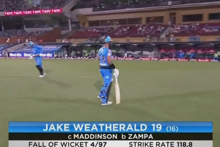 FlashCric's tweet photo. Power Surge and a wicket falls once more.

Zampa gets Weatherald for 19.

#Strikers - 102/4 needing 48 runs off 30 balls.

LIVE #STRvSTA COMMS:
👉 https://t.co/LCViw096VF 👈 

#BBL10 #TeamGreen #BlueEnergy https://t.co/mZG5vTyUXl