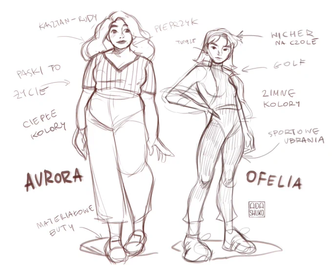 Doodle from last week. I focused more on notes than the sketch itself. #oc 
Here's eng translation if anyone is interested:
AURORA:
hair- chestnut red
a mole
clothes- stripes are LIFE
warm colors palette
cotton cloth shoes (tbh im not sure bout it) 