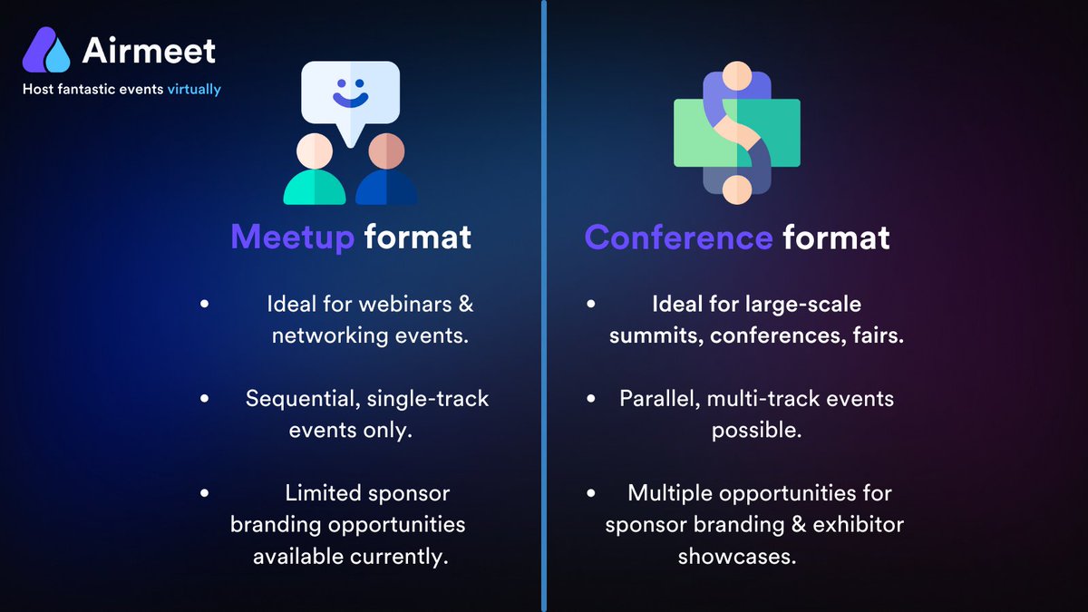 Did you know? At Airmeet we've got two formats for hosting events — meetup &amp; conference.

This means that depending on the type &amp; scale of your event, you can pick b/w these two formats, &amp; we will ensure (as always) that you have a great event!

Know more: airmeet.com