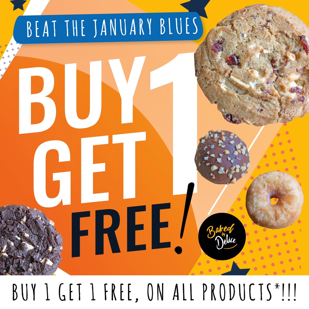 Beat the January Blues with our BUY ONE GET ONE FREE* promotion! 🍩🍪😋 

*purchase any product, and we shall send out another of the same value FREE of charge, that’s how to banish those January Blues...!

#bakedbydelice #cookie #cookies #donut #donuts #doughnut #doughnuts
