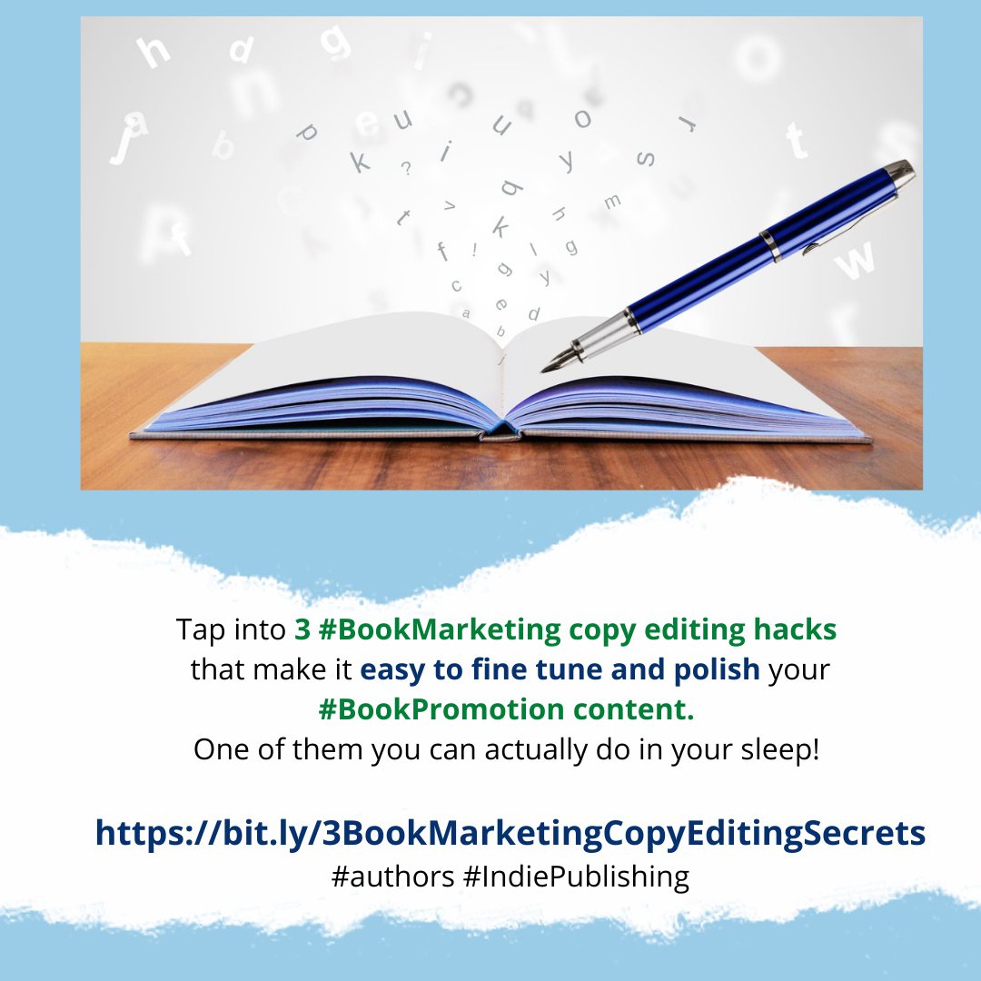 caseydemchak's tweet photo. Tap into 3 #BookMarketing copy editing hacks 
that make it easy to fine tune and polish your #BookPromotion content. One of them you can actually do in your sleep! 

https://t.co/2a9MCsnWJH

#authors #IndiePublishing https://t.co/m18BfNZ2qB