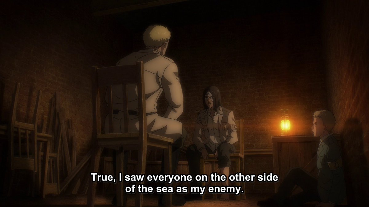 Isayama has managed to construct such a wonderful dynamic with these two characters and Mappa did a great job showing it. I haven't even begun to talk about how they both saw the people on the other side of the ocean as enemies/devils, just to realize that they're normal people.