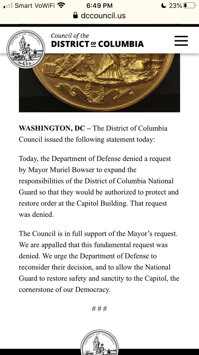 Mayor Bowser posts on DC website that Dept Of Dwfense denied them of National Guard deployment !!! This was posted January6