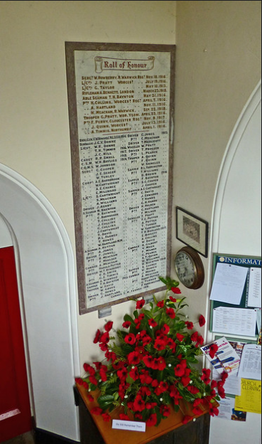 Moving into the churchyard, we find the stepped base of a late medieval cross, restored in 1919 with a wheeled cross head as a war memorial. You can just see it by the chancel. The Roll of Honour is sited by the west door. No artists' details for these.Cross image: P L Chadwick