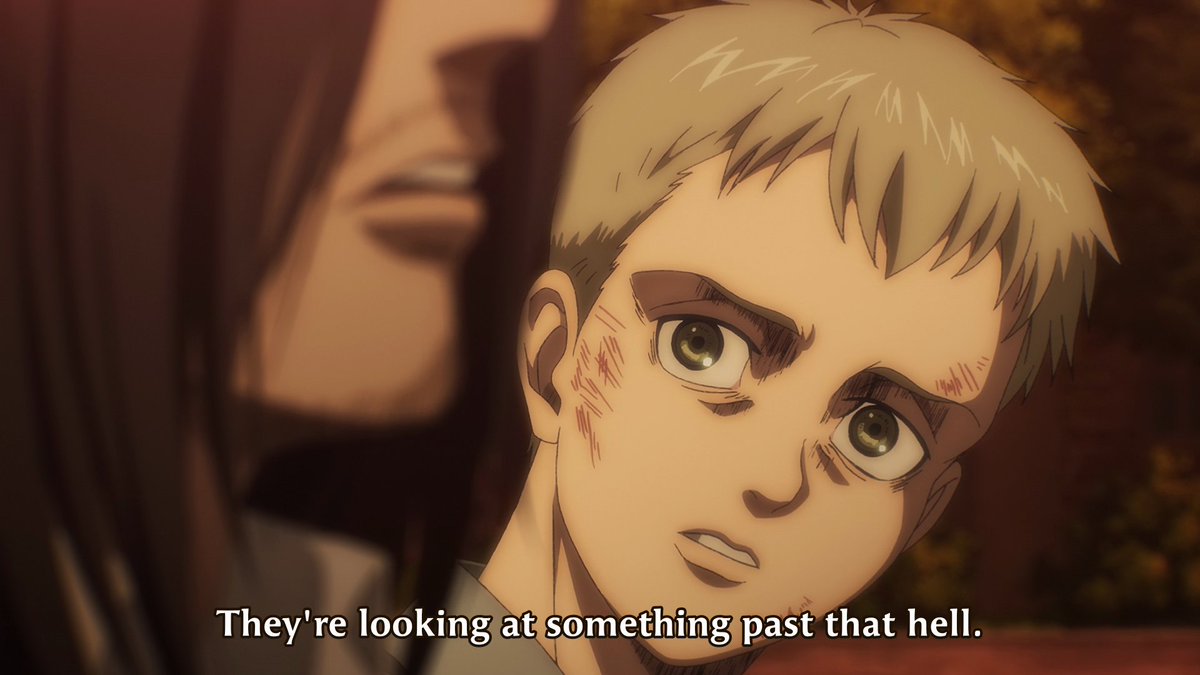 Eren's closing lines are some of the most important. "I keep moving forward, until I destroy my enemies." He's throwing himself into hell, hoping that there's something beyond it. Even if it means killing innocents."Only the people who keep moving forward can know for sure."