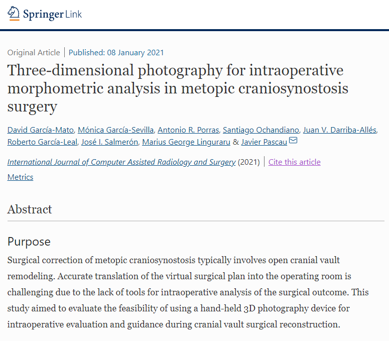 davidgmato's tweet photo. Our latest research on the use of 3D photography for intraoperative guidance during craniosynostosis surgery has been published in the International Journal of Computer Assisted Radiology and Surgery. 

Check it out here: https://t.co/EGKNLsaaHL

#craniosynostosis #surgery #CAI https://t.co/nHEQXIg0uB