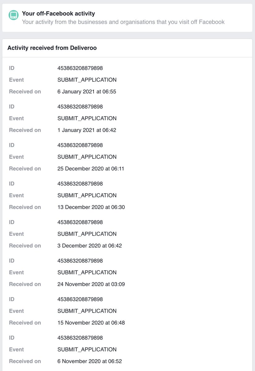 . @Deliveroo seem to send events to Facebook every time I order (the dates correlate to the morning after each order).Why?