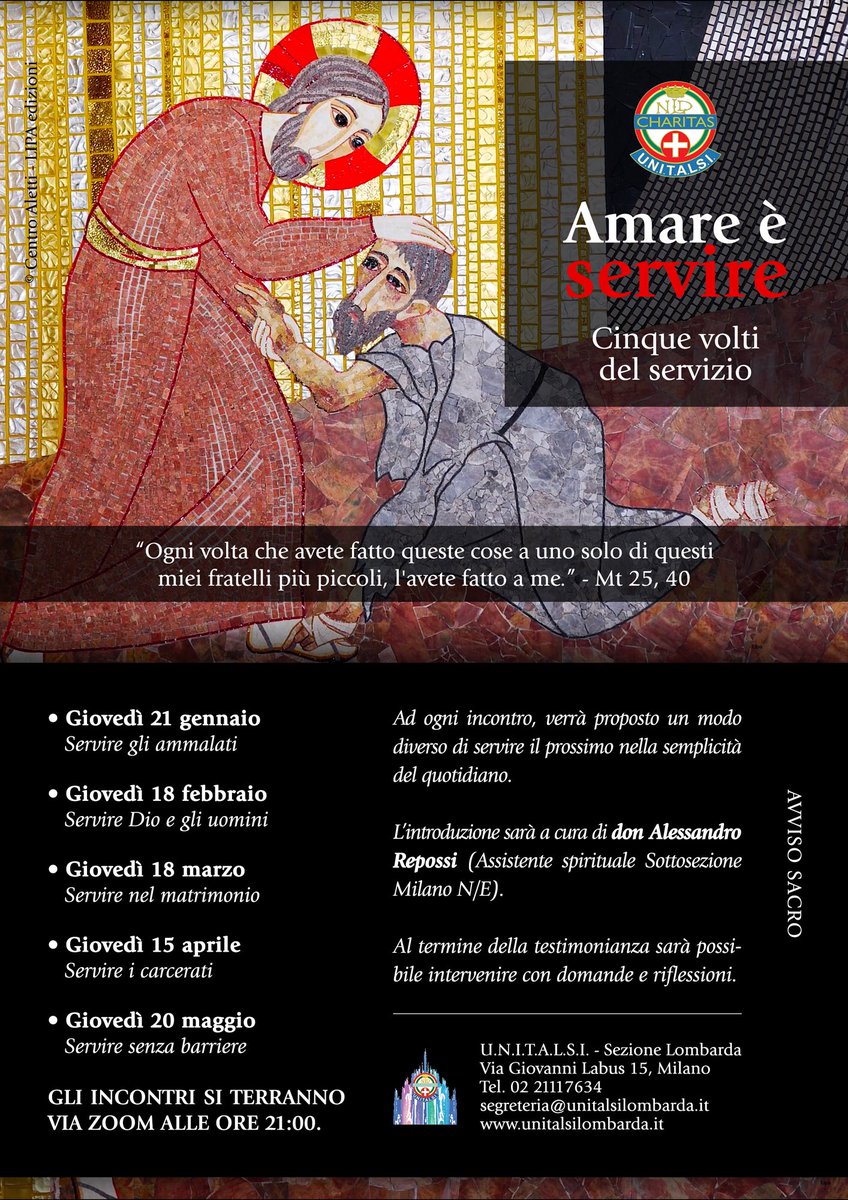 unitalsilabus's tweet photo. Amare è servire “cinque volti del servizio” una serie di incontri organizzati dai giovani della Sezione Lombarda. Info sulla locandina. #unitalsilabus https://t.co/NgYrHj6ESK