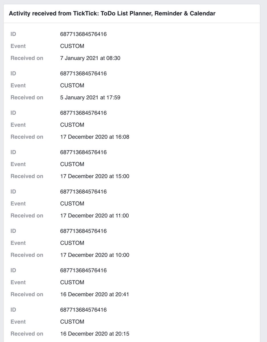 . @TickTickTeam seems to send events to Facebook a lot. This is my to-do list and I've never logged in via Facebook on that app. WTF?