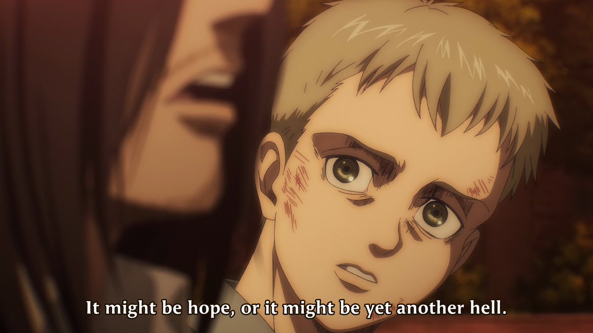 And this brings us back to the Ocean scene. "If we kill our enemies out there, will we be free?." Eren clearly doesn't know what awaits him beyond this hell and he doesn't know if this will bring him freedom. The people on the other side are the same but they're also his enemies