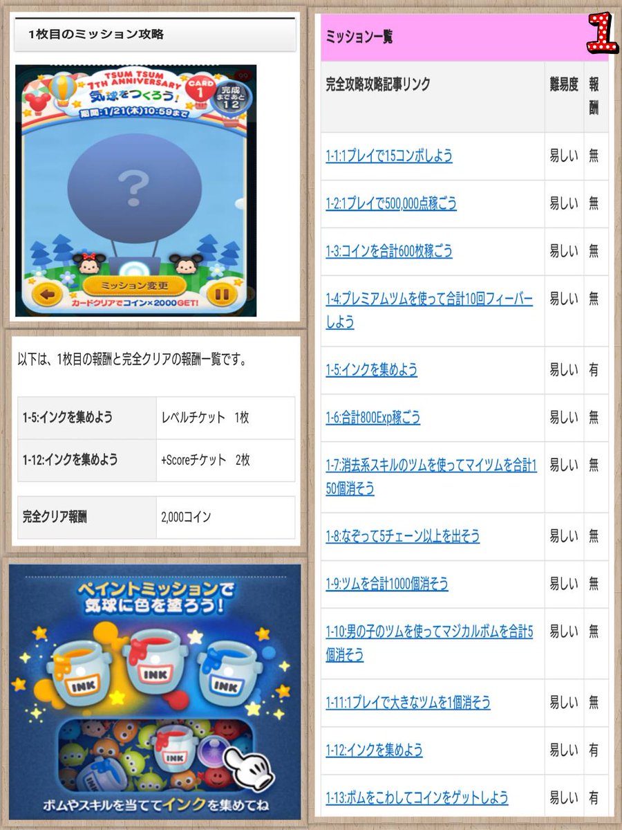 ツムツム #イベント #気球をつくろう #難易度一覧 #報酬一覧 #1枚目～3枚目