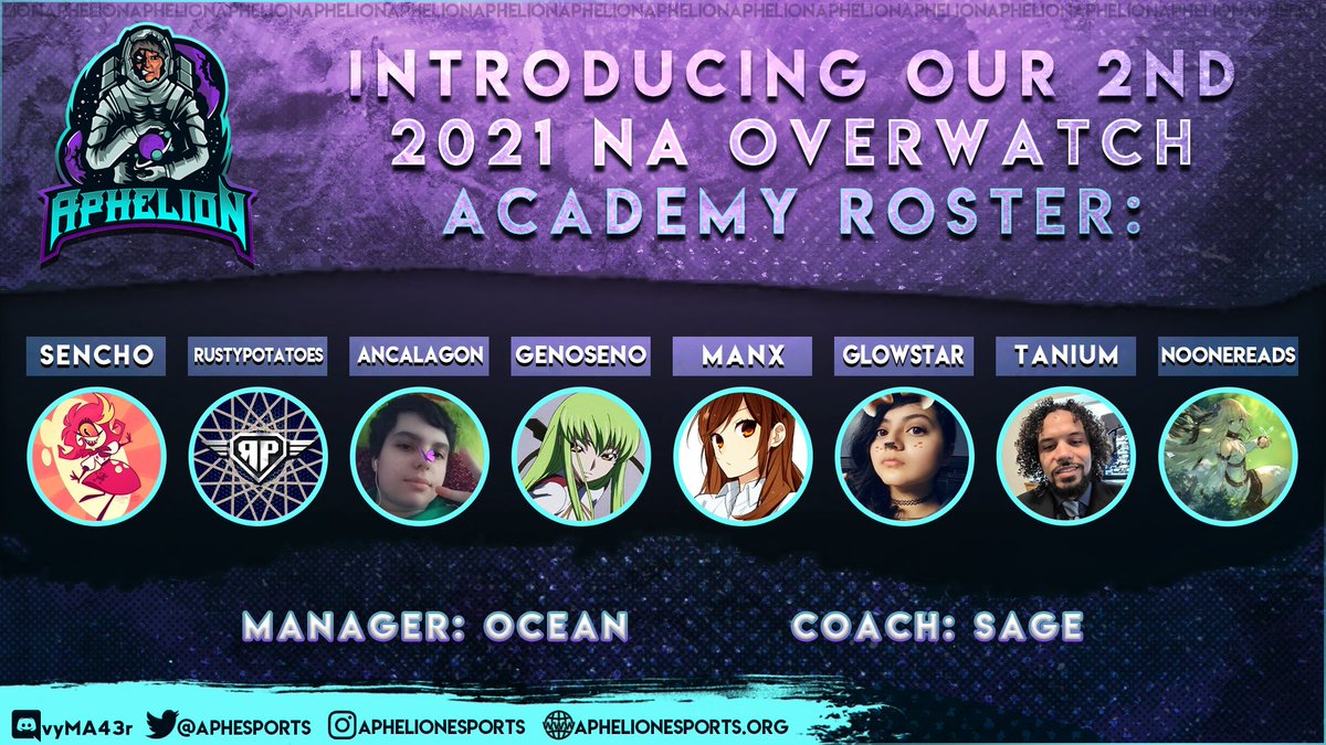 APHeSports's tweet photo. Introducing our Third North American PC #Overwatch Competitive Roster:

🪐@Sencho_OW(c)
🪐@rustypotatoes
🪐@AncalagonX
🪐@YBN_geno
🪐@ManxOW
🪐@GlowStarJessy
🪐@TalksTanium
🪐@mixtGMO
Manager:
🪐@aphocean
Coach:
🪐@Sage_SupportOW

More PC Expansion Coming Soon!

#AEAlwaysEvolving https://t.co/v20glDQcpn