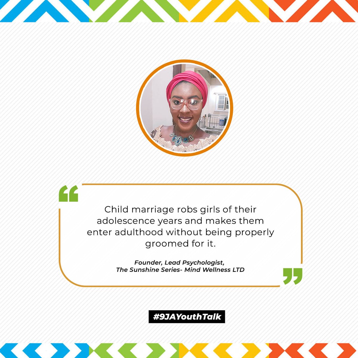 EVA_Nigeria's tweet photo. Child marriage deprives girls of their childhood, increases their risk to be a victim of violence, and denies them rights to make vital decisions about their sexual health and well-being. Child, Not Bride! @AishaBubah #9JAYouthTalk https://t.co/zV5W1DglZ3