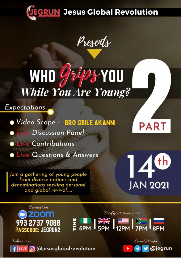 jegrun's tweet photo. Join us again this Thursday as we have the second part of 𝘄𝗵𝗼 𝗴𝗿𝗶𝗽𝘀 𝘆𝗼𝘂 𝘄𝗵𝗶𝗹𝗲 𝘆𝗼𝘂'𝗿𝗲 𝘆𝗼𝘂𝗻𝗴?

Venue: Online
Streaming Platforms: YouTube,Zoom,Facebook,Mixlr. https://t.co/XK3GXo7yPg