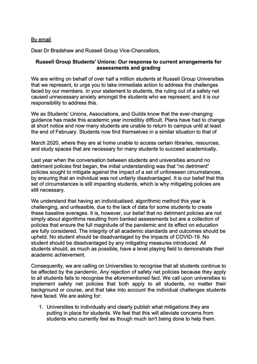 NUSUpresident's tweet image. Today myself and other officers from across the Russell Group wrote to them to express our concerns over the No Detriment Policy statement they released week. We will keep fighting to ensure that students are treated fairly and we look forward to their reply #ForgottenStudents