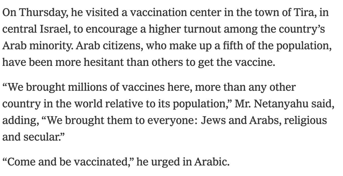 It also helped that  @IsraeliPM went all in: he got vaccinated on live TV, toured the vaccine storage site, claims to have called  @pfizer CEO Albert Bourla 17 times so far, and recently visited a clinic in an Arab town where he encouraged locals *in Arabic* to take the vaccine.