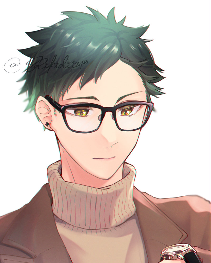 1boy male focus glasses solo green hair holding turtleneck  illustration images