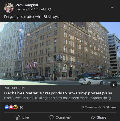 It gets better. The person who made the video on the website credits Pam Hemphill for making the video. Pam days before the insurrection at the capitol posted "I'm going no matter what" on Facebook in reference to protest on the 6th in DC.