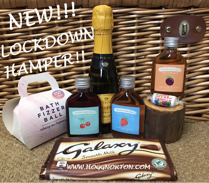 Pamper yourself or treat someone else to our lockdown hamper. 

3 of our award winning 50ml Fruit Liqueurs
200ml bottle of Prosecco
Luxury Spa Bath Bomb
Galaxy Chocolate Bar
Love Hearts
Hand made wooden candle holder and tea light
Personalised message

hoggnorton.com
