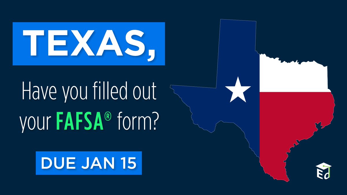 usedgov's tweet photo. โ #EdLeaders in TEXAS! โ
Reminder for your students: Fill out the 2021โ22 FAFSAยฎ form by January 15. The deadline is right around the corner and they could still be eligible for state aid!
#TexasTeachers #TXEducators https://t.co/9TaSUfmeHg