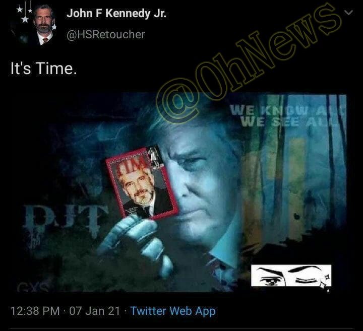 Roya__1990's tweet photo. ♦️#جان_اف_کندی رئیس جمهور آمریکا همانند ترامپ قصد داشت فساد دیپ استیت (حکومت در سایه گلوبالیست ها) را نابود کند اما ترور شد. پسر او در این توئیت نوشته "زمانش فرا رسید"

این اکانت توسط توئیتر ساسپند شد.

🔴@OhNews

#WeAreTrump 
#TrumpToSaveWorld https://t.co/TelD0OAvAm