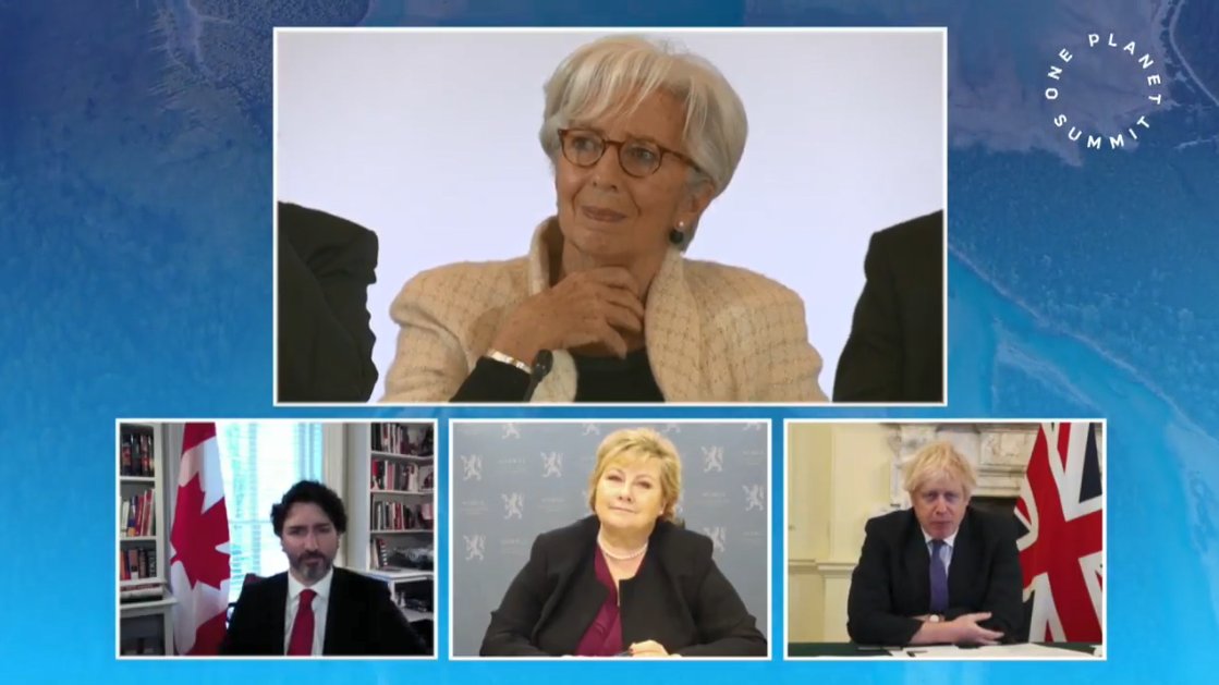 Lagarde's tweet photo. Important discussions on rethinking our relationship with nature at today’s @oneplanetsummit for biodiversity. We must mobilise private and public financing in order to build an economy that sustains biodiversity and protects the Earth's ecosystems. https://t.co/K7O72BM4hc