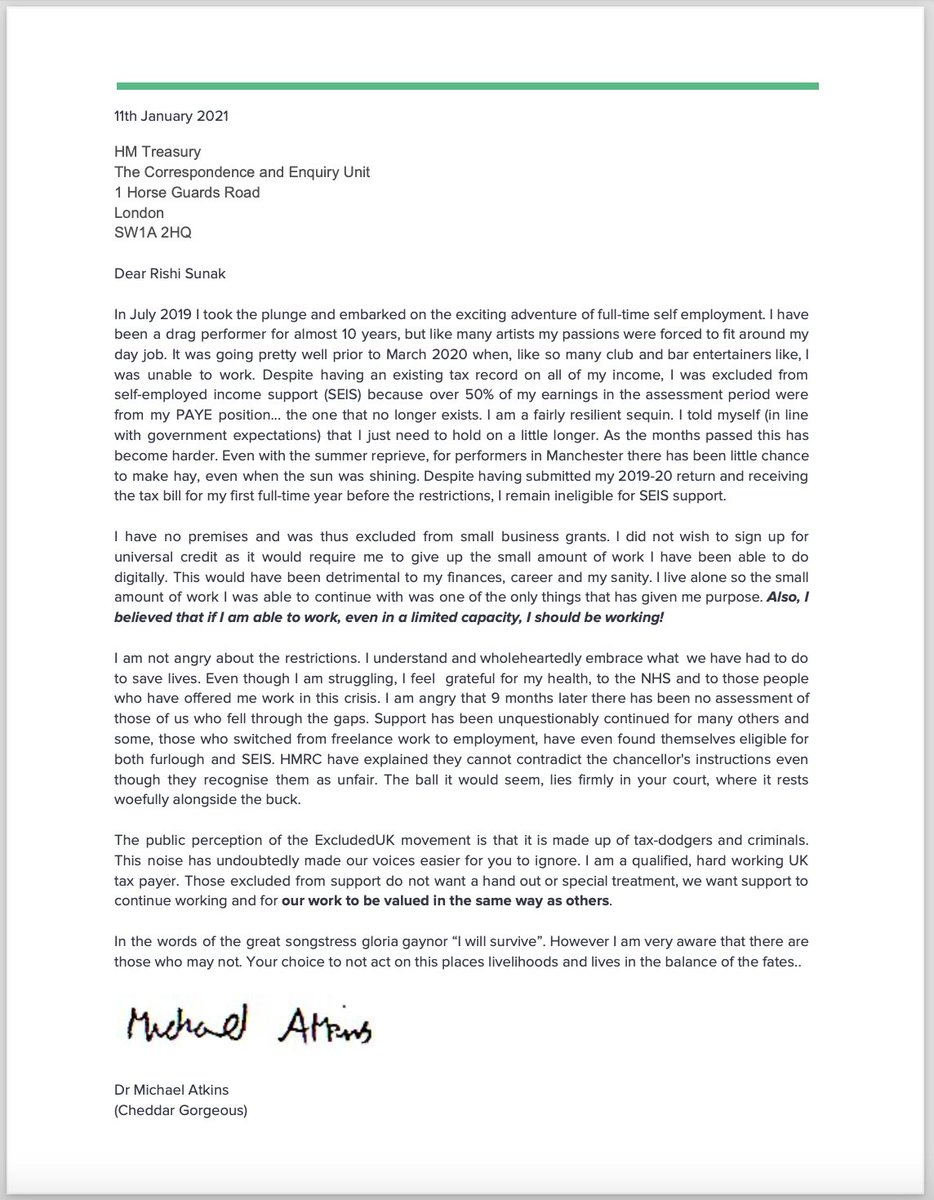 A letter to <a href="/RishiSunak/">Rishi Sunak</a>. Many artists work 50/50 in day jobs to bring you joy. I am grateful for the work I have, for my health &amp; to the NHS. I have received no support, it's hard, but I will survive. Others may not. If you are furloughed or on SEIS, please support <a href="/ExcludedUK/">ExcludedUK Official</a>