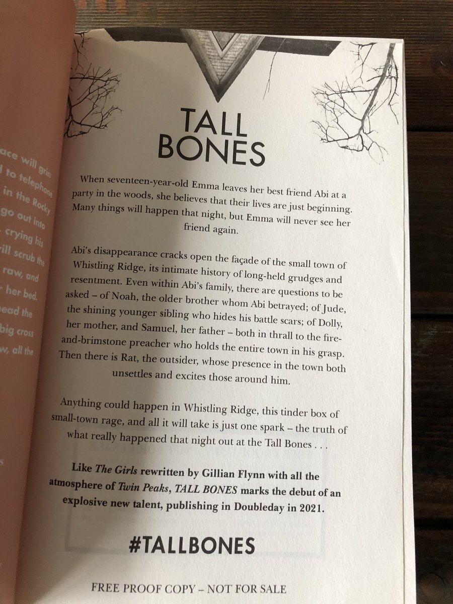 .  #TallBones  @annafbailey is an atmospheric, coming of age, small town America set story that has lots of fans here on Twitter. Also a slower told tale. Out in April.
