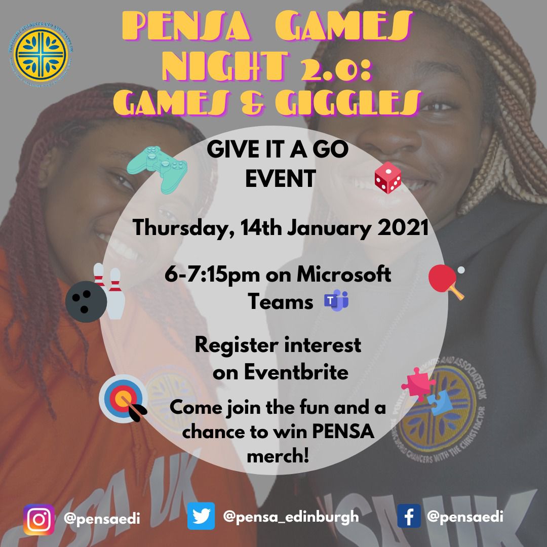 Games Night 2.0: Games and Giggles” is coming to a Microsoft teams near you!! 😜🎉

Join us at 6pm on 14/1/21 for a chance to test your Bible knowledge, meet &amp; greet new faces, have FUN, anddd you could win PENSA merch! 

To register your interest, use the Eventbrite link in bio!