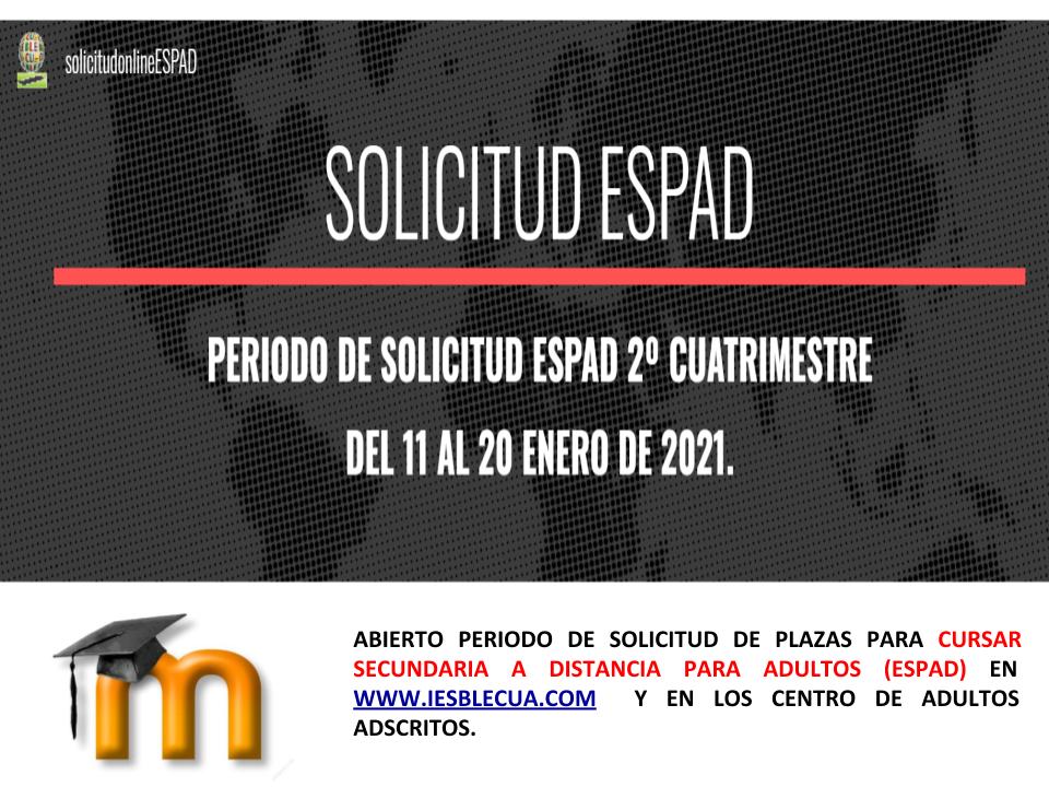 Abierto el periodo de admisión del 2º cuatrimestre para cursar secundaria a distancia para adultos (ESPAD). Solicitud online; toda la información en: sites.google.com/iesblecua.com/…