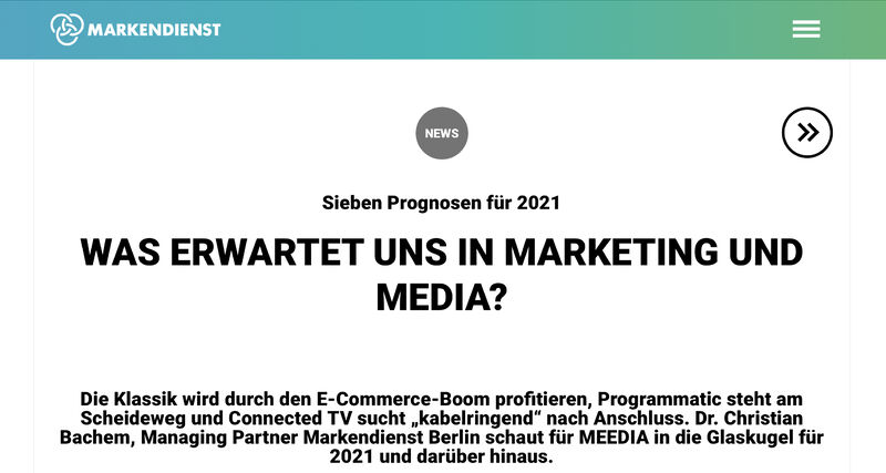 My take on what to expect in marketing &amp; media in 2021 (German perspective; in German) published in MEEDIA.
markendienst.com/news/markendie…
