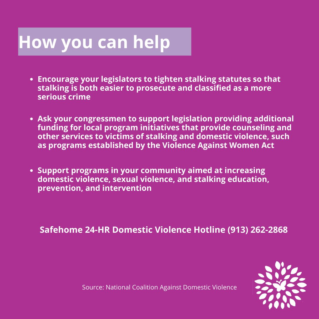 #nationalstalkingawarenessmonth

Safehome is here to help. We offer assistance in navigating and understanding the criminal legal process, guidance and support in obtaining protection orders, safety planning, and more. 24-HR Hotline (913) 262-2868 safehome-ks.org