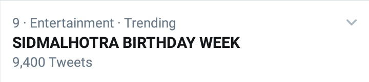 sidharthcentral's tweet photo. SIDMALHOTRA BIRTHDAY WEEK trending in India &amp; entertainment genre with more more and much more blessings 
@SidMalhotra Can't wait for SIDIANS DAY!!!HURRAAAAYYY! https://t.co/mJm9fVd6ML