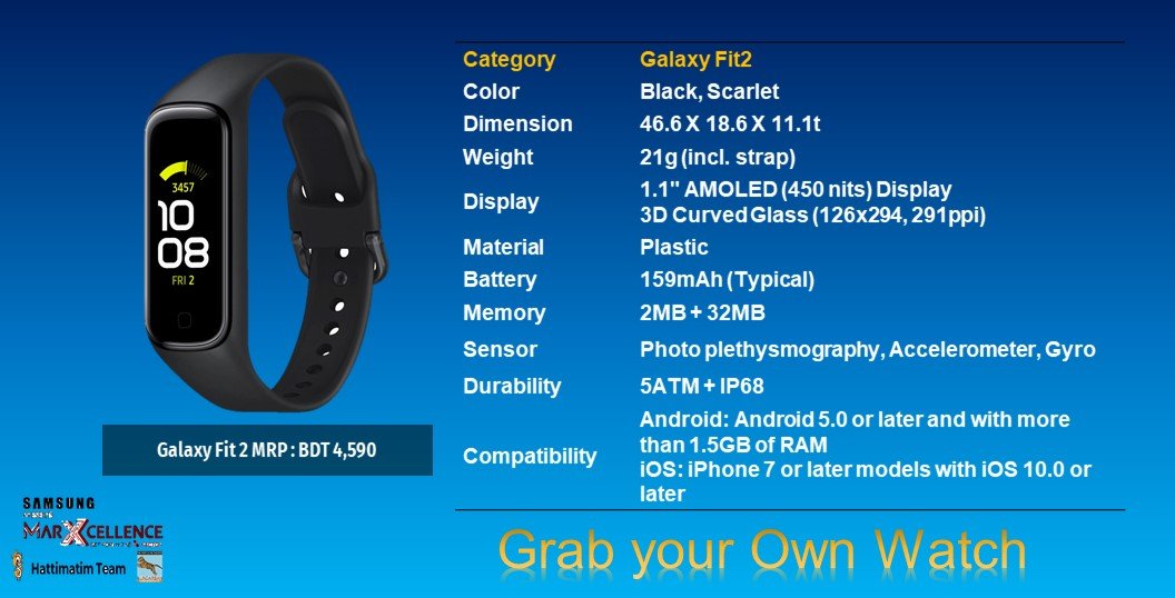 marxcellence's tweet photo. The wait is over! Galaxy Fit 2! Only at Tk. 4590 BDT
Why are you waiting? Hurry up guys!!
#Samsung_presents_MarXcellence
#The_biggest_nationwide_digital_marketing_competition
#Set_forth_the_X_Factor
#NSUMIBC https://t.co/ZNRncaTTiE