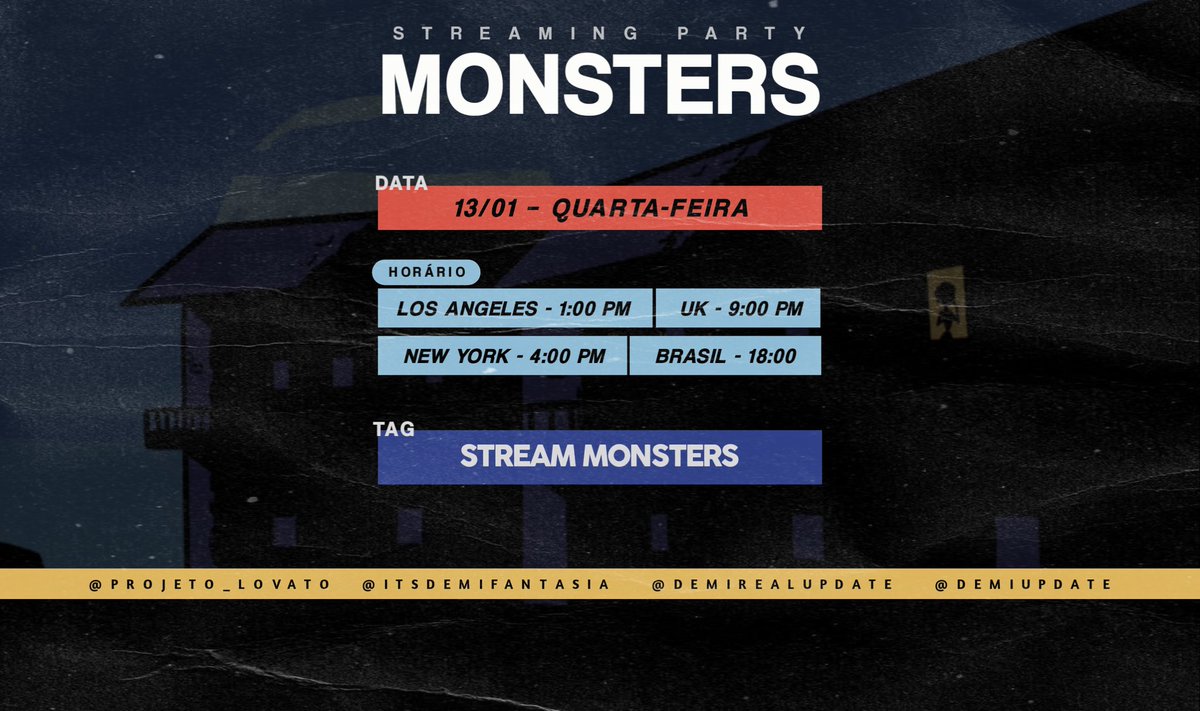 🚨 STREAMING PARTY 🚨
Em parceria com @itsDemiFantasia, @demirealupdate & @demiupdate, iremos fazer uma streaming party nesta quarta-feira (13) às 18 horas, para ajudar "Monsters" nos charts. Usaremos a TAG "STREAM MONSTERS" no dia.
Contamos com a presença e empenho de todos! https://t.co/2XO4zZdqnr