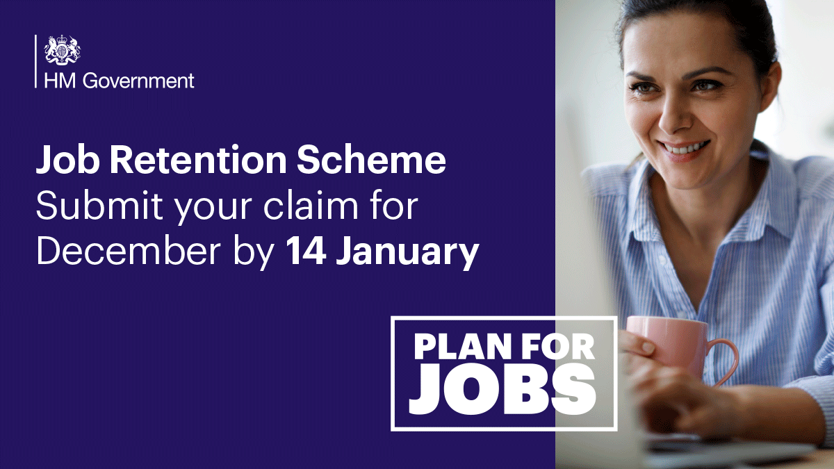HMRCgovuk's tweet image. Furloughed your employees in December? Here’s how to claim under the Job Retention Scheme:

💻Work out how much you can claim
📅Submit your claim by 14 January
📂Keep a record of it

Find out more here:
gov.uk/guidance/claim…
