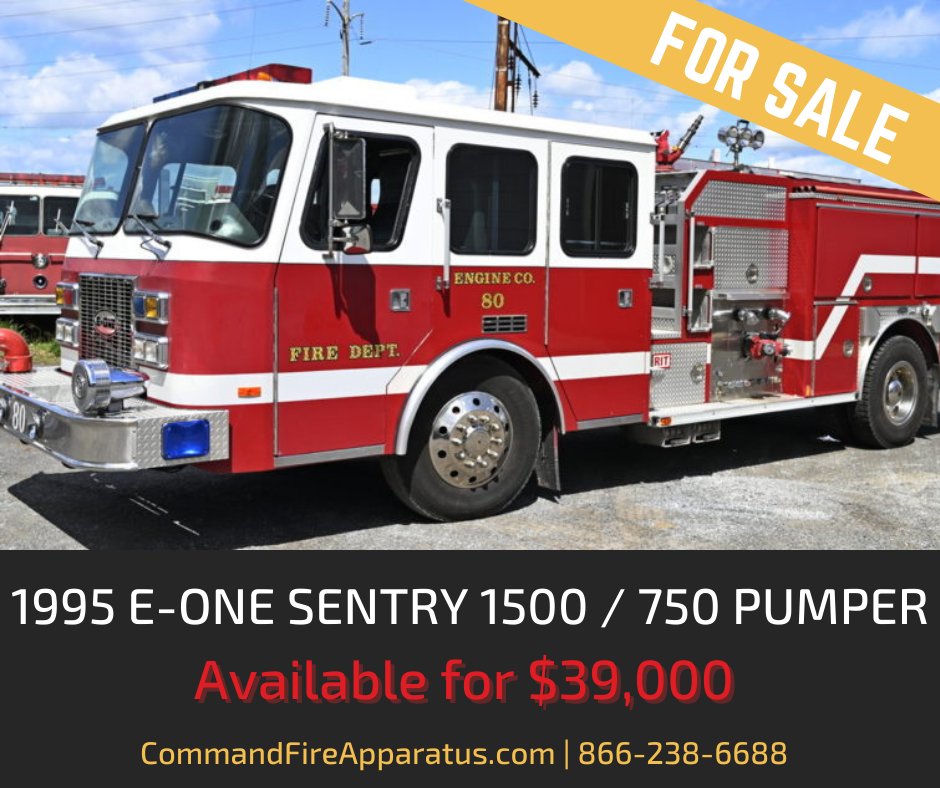 CommandFireApp's tweet photo. 1995 E-One Sentry 1500 / 750 Pumper for ONLY $39,000! This fully-equipped pumper is available for a live video tour and demo. See more information and contact us today: https://t.co/RZ8mxMTip2 https://t.co/XZhpwdODxU