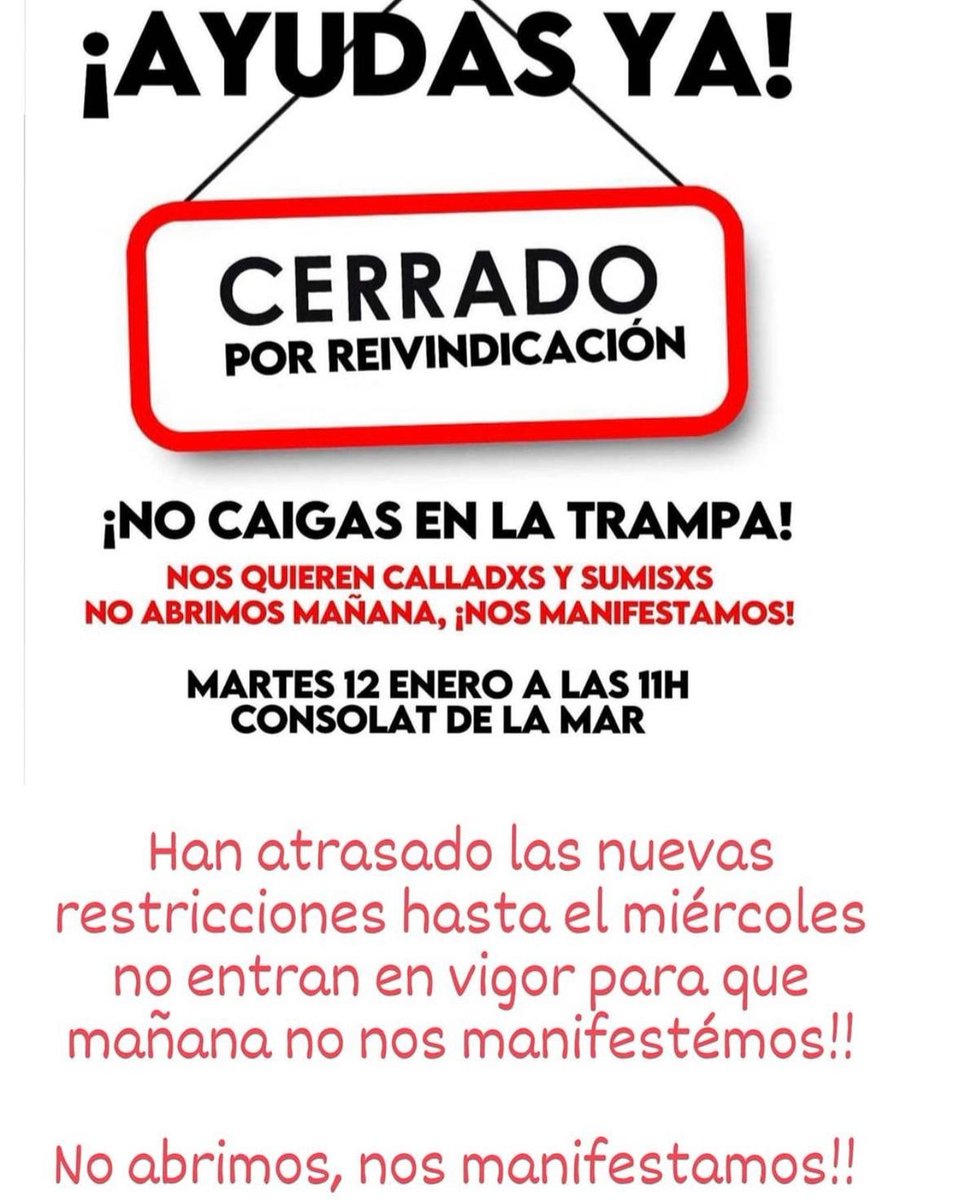 barmavi's tweet photo. #BarMavi permanecerá CERRADO mañana martes 12 de enero por #reivindicación.
.
Únete a nosotros mañana a las 11h delante del Consolat de la Mar. 
.
#apoyaalahosteleria https://t.co/6zTjH6osad