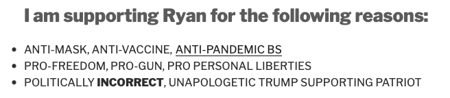 From a white supremacist and anti-vaxxer website ( https://proudandfreeidaho.com/ryan-davidson-ada-county-commissioner/), why they endorsed Ryan Davidson:- "Will not back down from COVID HOAX"- "ANTI-MASK, ANTI-VACCINE, ANTI-PANDEMIC BS"- "Not ashamed of being white. He is going to stand up for the silent majority."