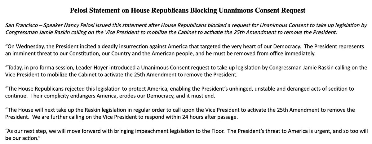 ABC's tweet photo. NEW: Speaker Pelosi: "The House Republicans rejected this legislation to protect America, enabling the President’s unhinged, unstable and deranged acts of sedition to continue.  Their complicity endangers America, erodes our Democracy, and it must end." https://t.co/FLZUgPSgAr https://t.co/8u7kk4wXlS