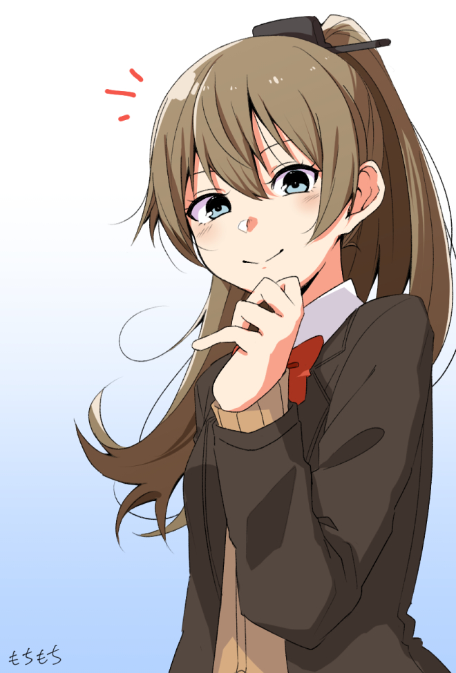 kumano (kancolle) 1girl solo brown hair long hair ponytail cardigan school uniform  illustration images