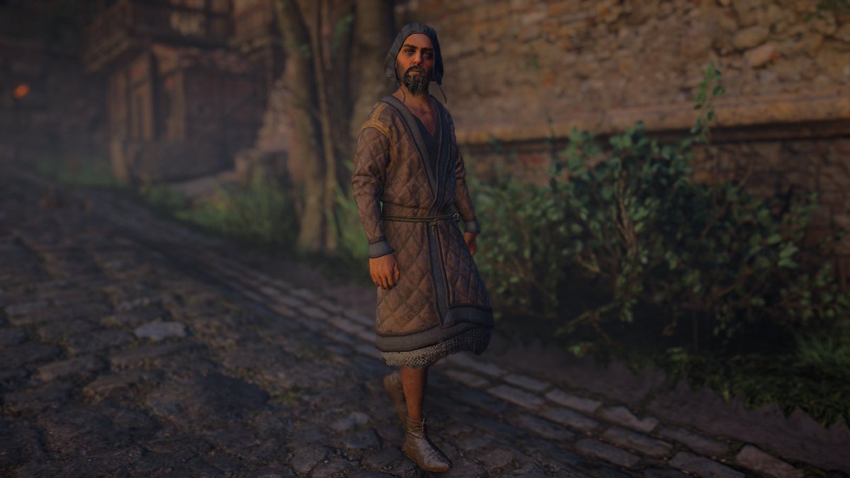 Interestingly, I saw many men wear gambeson-like fabric (the diamond-shaped fabric here). Used to protect armor wearers, gambeson jackets consisted of layers of linen and thick wool. We don't know that they were worn daily, but illustrations from later periods (13th?) seem to...